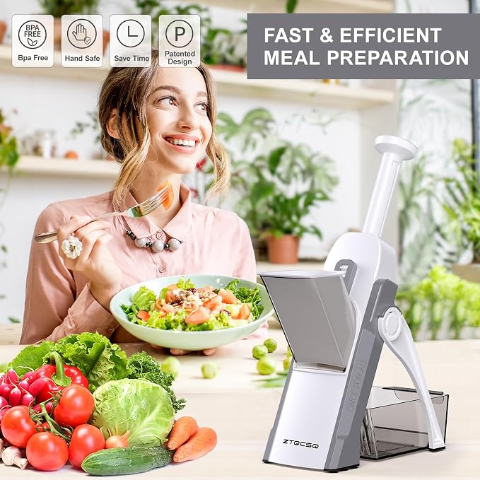 Safe Mandoline Slicer for Kitchen, Meal Prep, Potato Slicer, Adjustable/Easy to Clean/Storage, Kitchen Chopping Artifact, French Fry Cutter, Paring Knife/Cleaning Brush (only Slice, LightGrey)