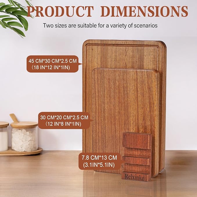 Solid Teak Wood Cutting Board Set One Piece Non Glued Large Thick Crack Resistant Wooden Chopping Board with DeepJuice Grooves Built in Handles for Kitchen Meat Vegetable 18x12 IN &12X8 IN