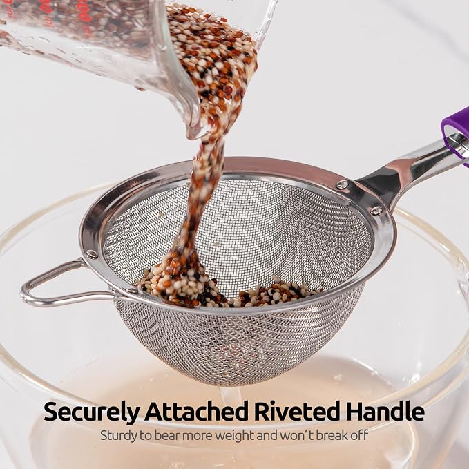 U-Taste 10 Piece Measuring Cups and Spoons Set in 18/8 Stainless Steel, and 18/8 Stainless Steel 3.9 inch 30 Mesh Strainer (Purple)