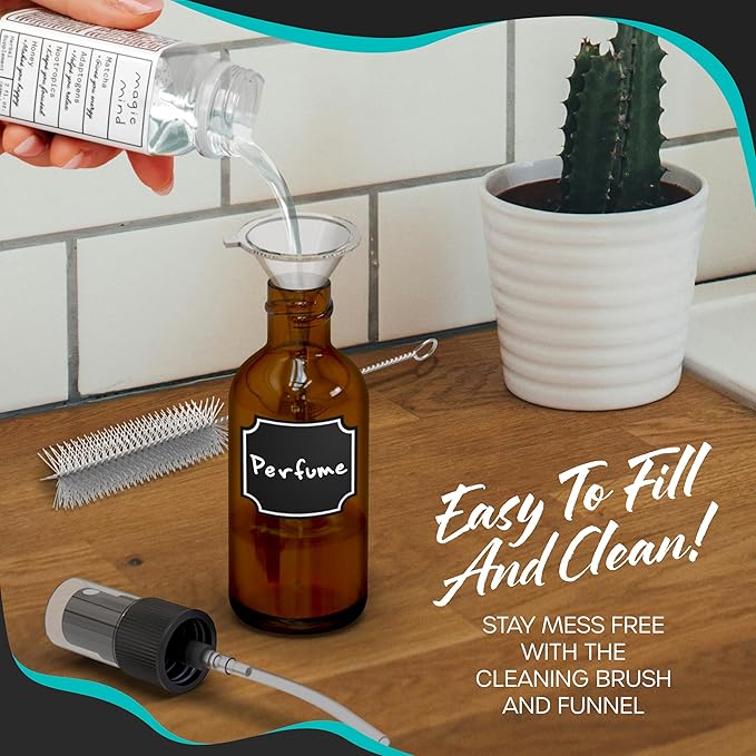 Nevlers 4 Oz Amber Glass Spray Bottles for Cleaning & Refreshment | 48 Pack Amber Glass Bottles | Mist Bottle Sprayer w/Shrink Wrap, Funnel, Brush, Marker & Labels | Small Spray Bottle for Hair & Face