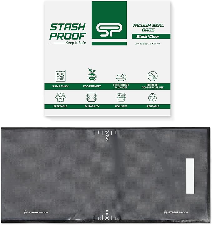 Vacuum Seal Bags 11" x 24" (50 Count) 5.5 Mil (Black & Clear) BPA Free Precut Heavy-Duty Commercial Grade Sealer Bags, Food Saver, Sous Vide, Meal Prep, Freezer Storage & Food Preservation