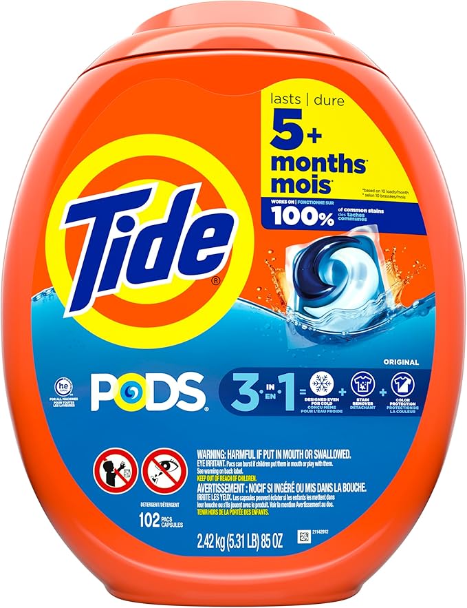 Tide PODS laundry detergent pacs, 3-in-1 Stain Remover, Odor Fighter, Color Protector, 102 Count, HE compatible, Original Scent