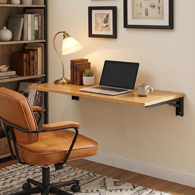 Need 47x20 Inch Wall Mounted Folding Table for Office Laundry Teak | Black Frame Fold Down Wall Mount Desk Folding Wall Table for Small Apartment, Garage&Ironing Station