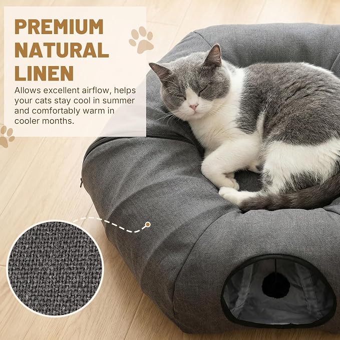 Cat Tunnel Bed for Indoor Cats, Cooling Natural Linen Cat Tunnel, Breathable 29.5in Kitten Toys Cat Tunnel with Washable Mat, Round Pet Tunnel for Kittens, Squirrels Dark Grey