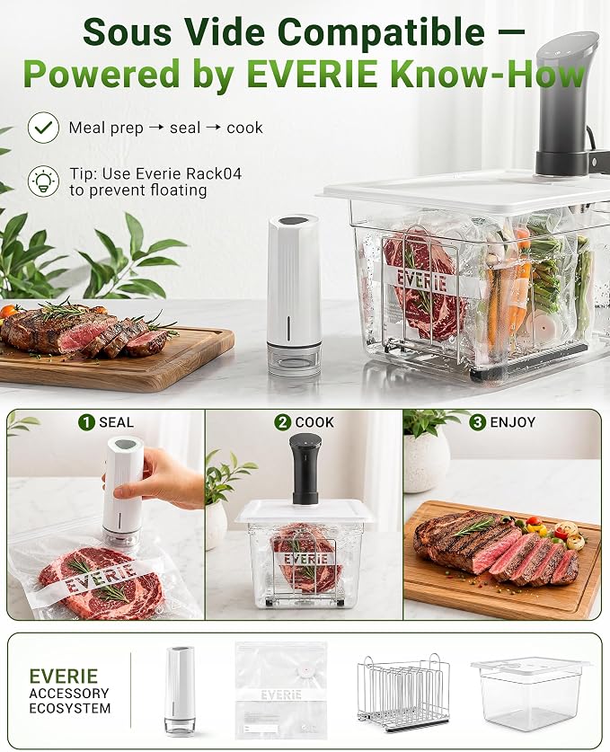 EVERIE HS100 Handheld Vacuum Sealer for Food, Rechargeable Portable Mini Sealer with 30 Reusable Valve Bags(15S+15M), for Meal Prep, Fridge, Freezer & Sous Vide Cooking