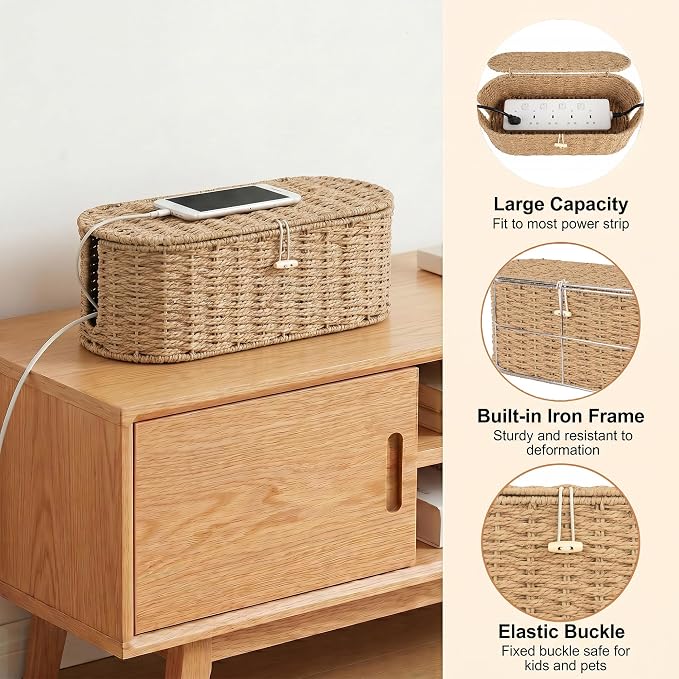 Set of 2 Cable Management Box, Handwoven Paper Rope Cord Hider Organizer Boxes with 3 Side Open Slots, Cable Organizer Box to Hide Cords Power Strip, USB Hub, TV Wires for Home, Office