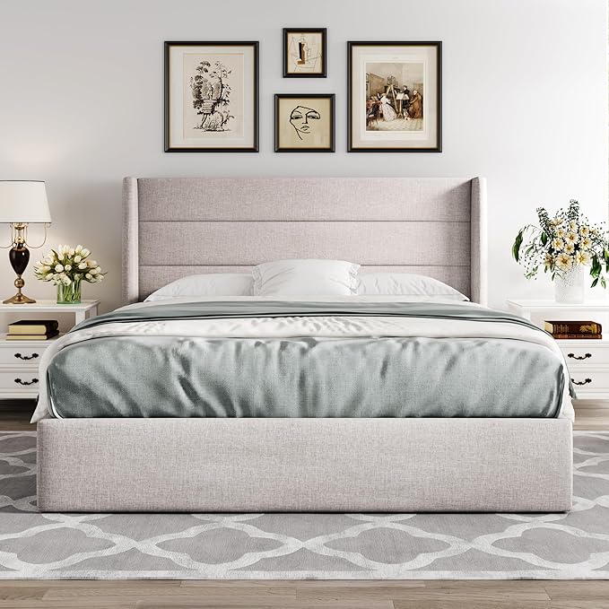 Allewie Full Size Lift Up Hydraulic Storage Bed Frame Light Beige | Modern Wingback Headboard, Hydraulic Support Storage, No Box Spring Needed