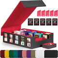 Trading Card Storage Box with Commander Display , 5-Row Deck Case with Removable Lid; 3900+ Card Deck Box for MTG TCG Sports Card, 5 Top Loaders, 5 Stoppers, 48 Dividers,1 Dice Tray (Black Red)