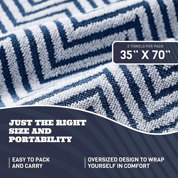 White Classic Cotton Beach Towels Oversized 35 x 70 Inches, Ultra Absorbent and Low Lint Luxury Pool Towels, Chevron Design, Navy Blue, 2 Pack