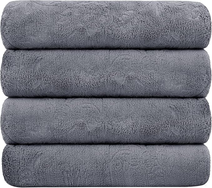JML Oversized Microfiber Bath Towels, 30" x 60", 4 Pack, Grey Floral, | Hanging Loop, Soft, Absorbent, Quick Dry for Shower, Sauna, Salon Hair Wrap