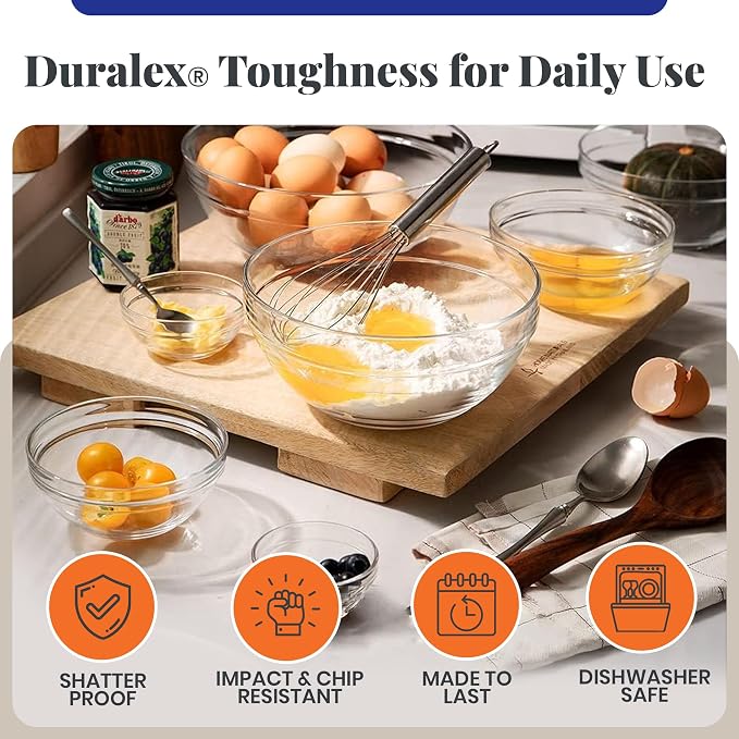 Duralex Le Gigogne Glass Mixing Bowl Set – 9-Piece Clear Stackable Prep Bowls Made of Durable Glass