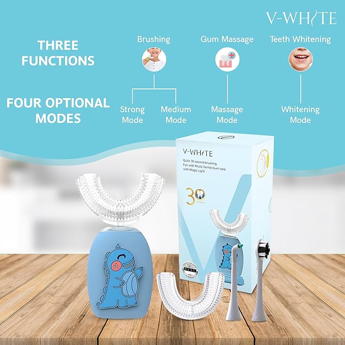 V-WHITE Kids Auto Brush Ultrasonic U-Shaped Toothbrush – 360° Teeth Cleaning, Hands-Free Electric Autobrush for Kids – Gum Protection, Waterproof IPX7, Wireless Charging (Blue)