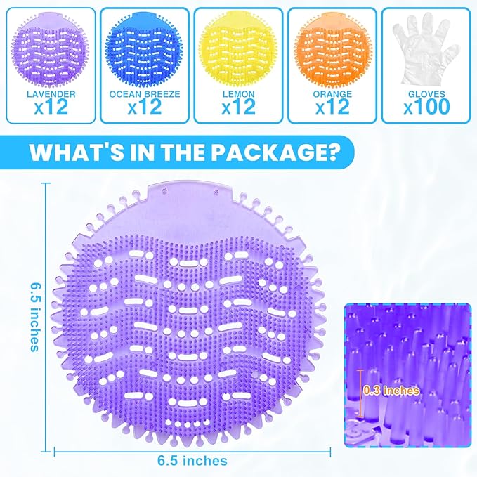 48 Pack Urinal Deodorizer Screen with 100 Gloves, 3D Wave Anti-Splash Odor Protection Urinal Cakes for Men Toilets Dry Wet Urinal Deodorant Bathroom Office Mall Hotel Four Scents Urinal Mats