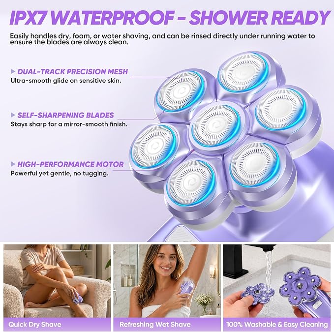 Electric Shaver for Women, Electric Razor with 7D Magnetic Shaver Heads, Wet Dry Bikini Trimmer Kit for Women & Men, Nose Ear Hair Trimmer, USB Rechargeable Clippers, Purple
