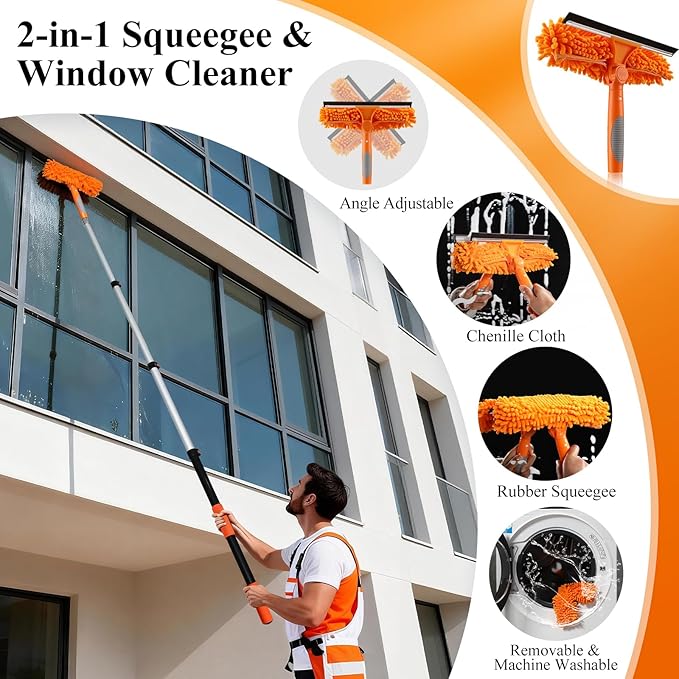 20ft High Reach Window Squeegee with 12ft Heavy-Duty Extension Pole, 2-in-1 Telescopic Window Washer & Squeegee, Washable Streak-Free Window Cleaning Kit for Indoor/Outdoor High Windows