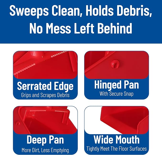 SPARTA Color Coded Upright Dustpan with 30 Inch Aluminum Handle, Serrated Edge and Locking Yoke, Standing Commercial Floor Dust Pan, Red