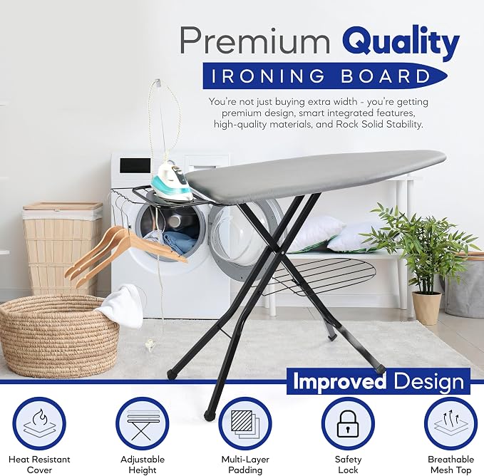 BKTD Extra-Wide Ironing Board – 48"×18" Large Surface (57" w/Iron Rest) • Built-in Clothes Rack, Hanger & Cord Holder • Heat-Resistant Cover • Heavy-Duty, No Wobble • Adjustable Height • Black Grey. | Built-in Hanger, Cord Holder, Heat-Resistant Cover,...
