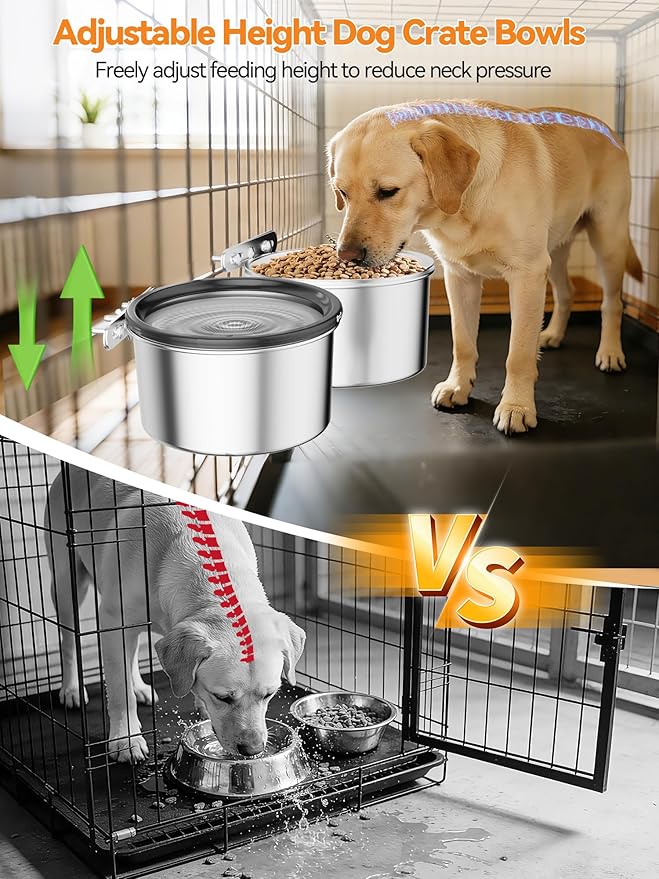 2.5L No Spill Dog Crate Bowl, 2Pcs Stainless Steel Bowls Set | Adjustable Height , Anti-Splash Water & Food Pet Bowl For Cage Kennel, Large Capacity For Medium Large Dogs