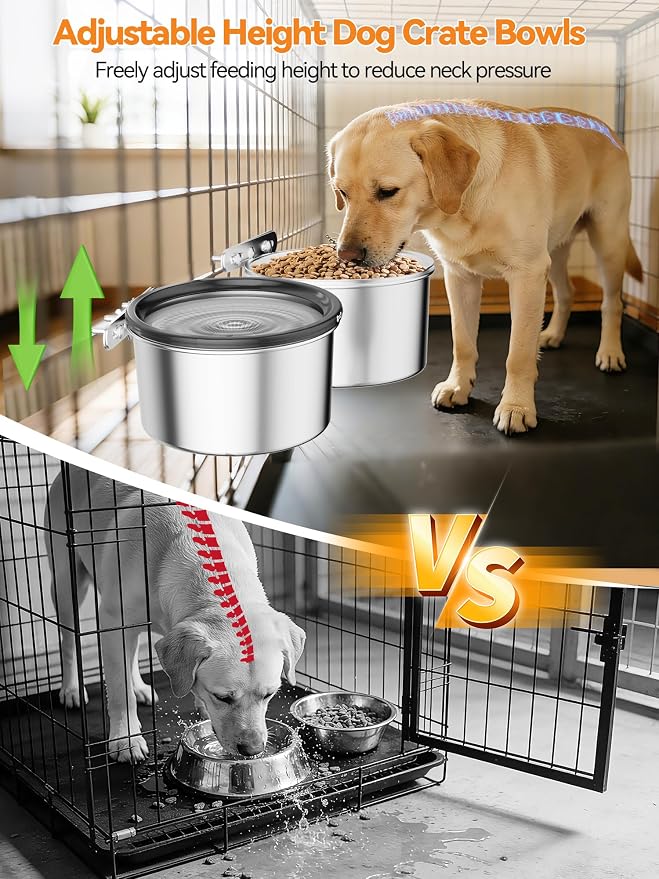 2.5L No Spill Dog Crate Bowl, 2Pcs Stainless Steel Bowls Set | Adjustable Height , Anti-Splash Water & Food Pet Bowl For Cage Kennel, Large Capacity For Medium Large Dogs