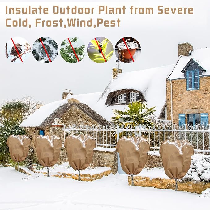 12 Pcs Winter Plant Covers Freeze Protection Reusable Plant Protector Bag with Drawstring Warm Shrubs Cover Frost Protection Planting Jacket Bags for Outdoor Garden, Brown (31.5 x 47.2 Inch)