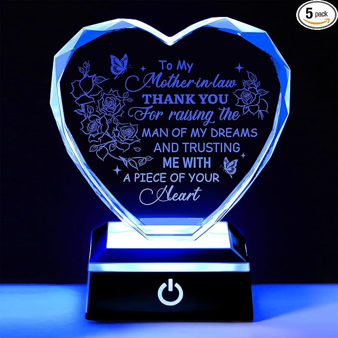 ZHSHWAT Heart Shaped LED Crystal Plaque - Engraved to My Mother in Law Thank You Gift, Perfect Birthday, Mother's Day Present from Daughter in Law/Son in Law