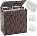 SETVSON Laundry Hamper with Lid Wicker Laundry Basket 112L PE, Brown | Large Family Clothes Sorter Trunk with Lid, 3 Compartment Washable Liners, 6 Mesh Bags, Collapsible Steel Frame