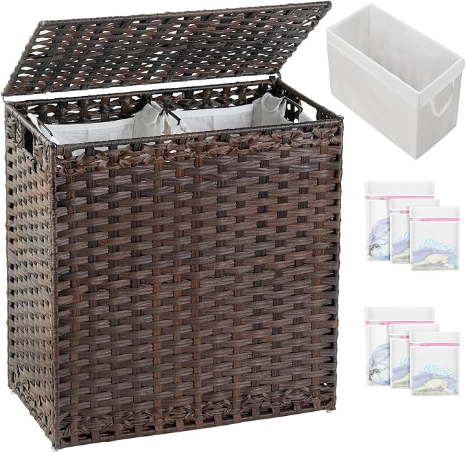 SETVSON Laundry Hamper with Lid Wicker Laundry Basket 112L PE, Brown | Large Family Clothes Sorter Trunk with Lid, 3 Compartment Washable Liners, 6 Mesh Bags, Collapsible Steel Frame