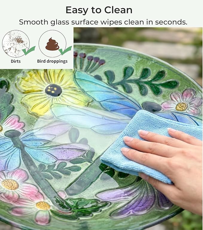 Large Glass Bird Bath with Metal Stand, Dragonfly | 18" Wide Bowl, 3.2" Bathing Depth, Thick Glass Construction, Stable 3-Leg Base, Easy Clean Surface, Garden Decor