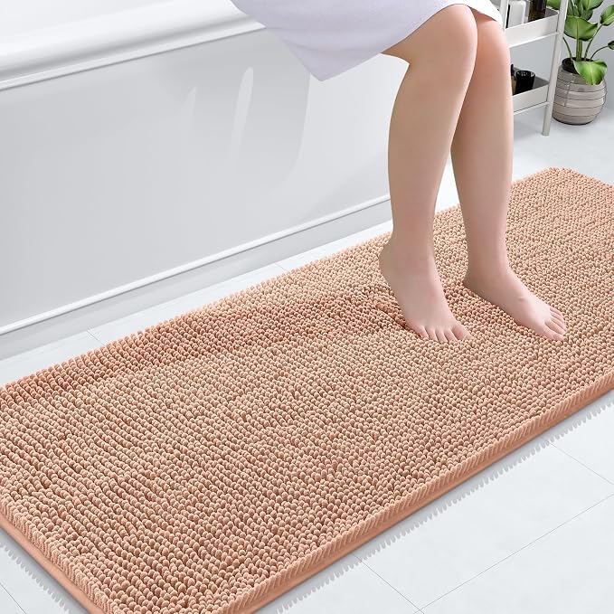 OLANLY Bathroom Runner Rugs 59x24, Extra Soft Absorbent Chenille Bath Rugs, Rubber Backing Quick Dry, Machine Washable Long Bath Mats for Bathroom Floor, Tub and Shower, Home Decor Accessories, Peach