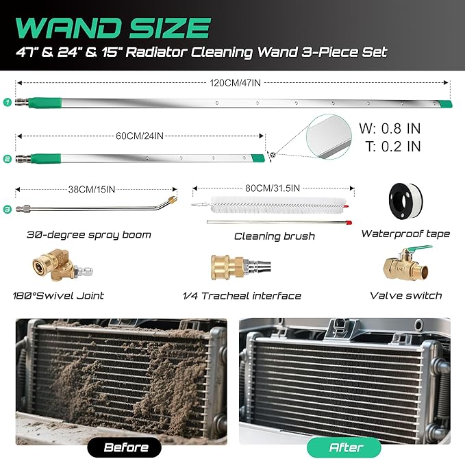 47" & 24" & 15" Radiator Cleaning Wand 5-Piece Set, 4500 PSI Stainless Steel Dual Water/Air Radiator Cleaner with Pressure Washer Gun Adapter & Tips for Cars, Trucks, Heavy Equipment,Silver& Green