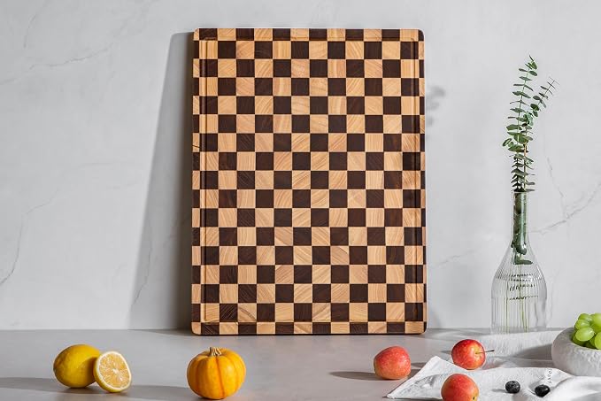 Checkered Cutting Boards for Kitchen, 20" x 15" Chopping Board | 1" Thick Acacia Wood Cutting Board with Juice Grooves, Extra Large Butcher Block for Prep, Serving, Stovetop with Gift Box