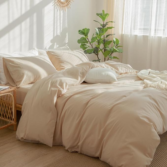 MooMee Bedding Duvet Cover Set 100% Washed Cotton Linen Like Textured Breathable Durable Soft Comfy (Solid Sandy Beige, Twin 68"x90")