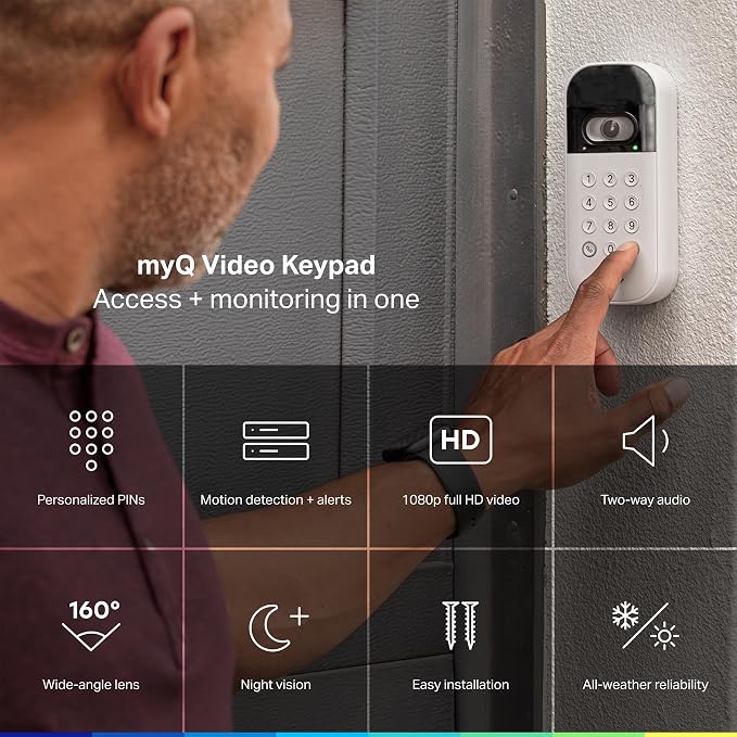 myQ Smart Garage Door Video Keypad + Wired Power Adapter Kit, with Wide-Angle Camera, Customizable PIN Codes, and Smartphone Control, Works with Chamberlain, LiftMaster and Craftsman openers