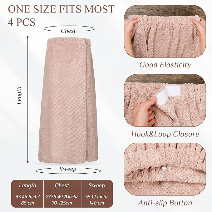 4 Pcs Towel Wrap for Women Waffle Spa Robe with Adjustable Closure Elastic Top Lightweight Wraps for Bath Shower