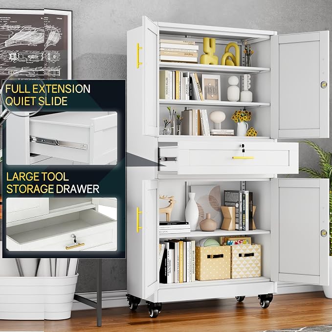 PAOFIN 74" H Metal Tall Storage Cabinet with Drawer | Garage Cabinet with Locking Doors and 3 Adjustable Shelves, Steel Cabinets for Garage, Home Office, White, Assembly Required