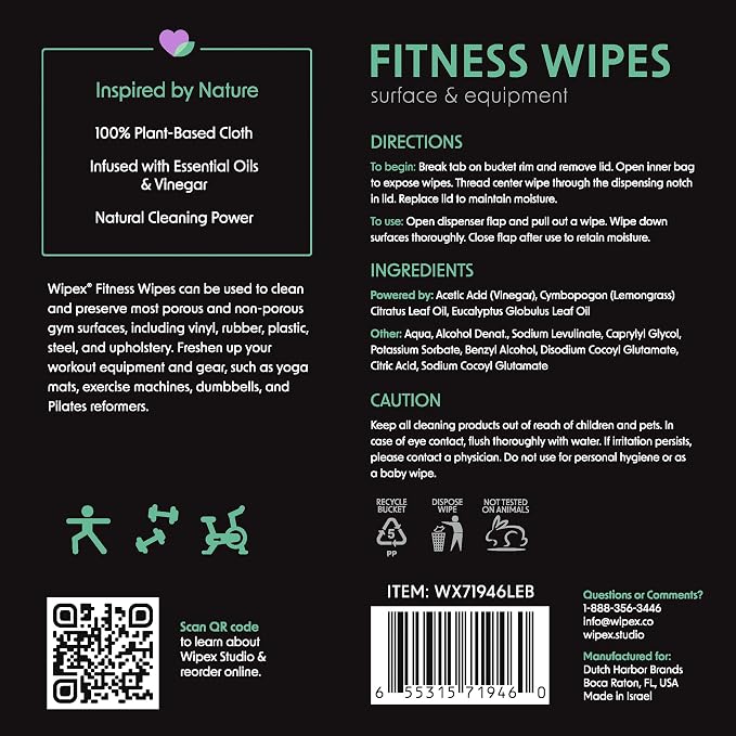 Wipex Gym Plant-Based Wipes, EWG Verified, Natural Surface & Equipment Cleaning with Lemongrass, Eucalyptus & Vinegar for Home or Fitness Studio, Yoga Mats, Peloton Bikes, 400 Count (Pack of 2)