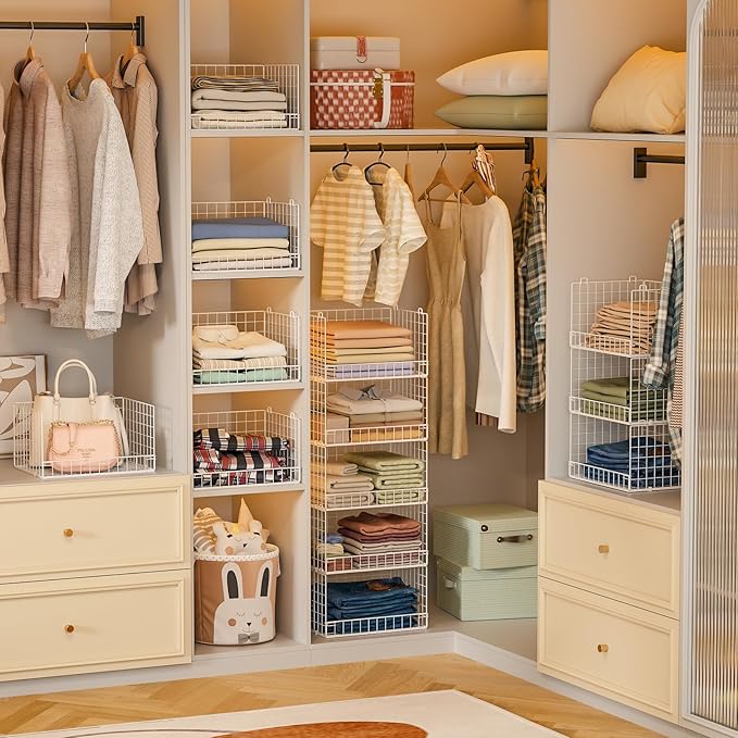 Yociyoga 5-Tier Stackable Closet Organizers and Storage Basket - Foldable Closet Shelf Organizer System, Space-Saving Clothes Storage Bins Drawer Organizer for Wardrobe, White (Patent 30022416)