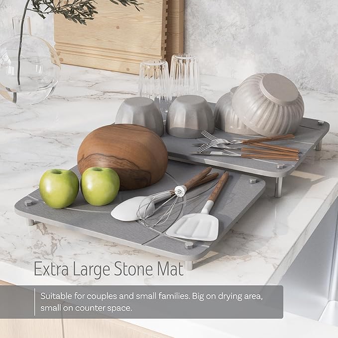 Nested Stone Drying Mat for Kitchen Counter | Large 16"x12" Dish Drying Mat plus 13"x12" Diatomaceous Earth Stone Dish Drying Mat | Expands to 29” x 12” | Premium Stone Mat (Light Gray)