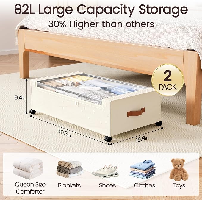 Yecaye 82L Under Bed Storage Containers, Fits 9.4" Under Bed, 2 Pack, Beige | XXL Capacity, 360° Rolling Wheels, Sturdy Metal Frame, Clear Window & Label, Storage Bins for Clothes, Shoes, Blankets