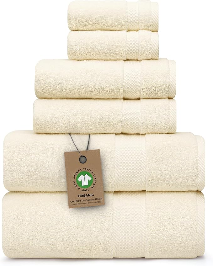 Alusa Home 100% Organic Zero-Twist Cotton Towels - GOTS Certified Luxury Bath Towels - Ultra Soft & Plush 700GSM Long-Staple Cotton - 6 Piece Towel Set (Papyrus)