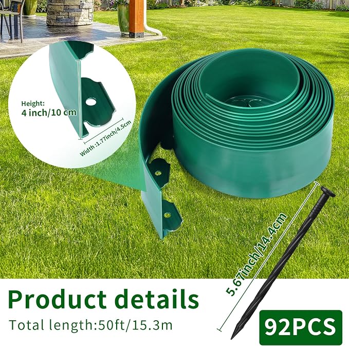 AggFencer Landscape Edging 4in Garden Edging Borders No Dig 50ft | Flexible Landscaping Edging Kit for Flower Bed Lawn Yard Grass Green with 92 Pcs Spikes