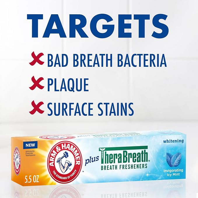 ARM & HAMMER Plus TheraBreath Toothpaste, ICY Mint, 5.5 oz, 4-Pack | Whitening, Anticavity Fluoride, Toothpaste For Bad Breath