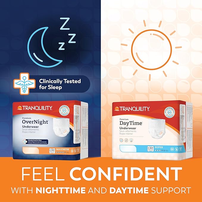 Tranquility Premium OverNight Disposable Absorbent Underwear (22 Count) - XS, 17-28 in. Waist - Maximum Absorbency, All-Night Sleep, Breathable Comfort, 22 Adult Diapers