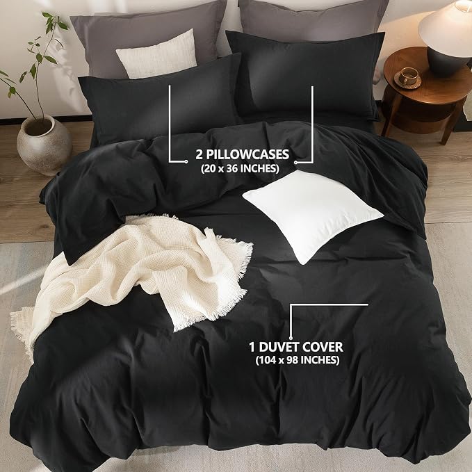 Black Duvet Cover California King Size 100% Washed Cotton Bedding Set Cover 1 Duvet Cover with Zipper Closure and 2 Pillowcases, 104inch x 98inch