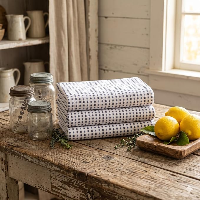 Urban Villa Christmas Dot Check Kitchen Towels Set of 6 20X30 Inches 100% Cotton Highly Absorbent Kitchen Towels Premium Quality Ultra Soft Mitered Corners Towels Iblue/White
