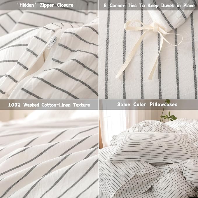 Stripe Duvet Cover Queen Size 90inch x 90inch, 100% Washed Cotton Linen Feel Pinstripe Duvet Cover with Zipper Closure and 2 Pillowcases, Color of White-Dark Grey Stripe