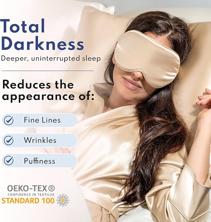 Blissy Silk Sleep Mask Profile - 100% Pure Mulberry Silk 22 Momme 6A Fibers Silk Eye Sleeping Mask for Women & Men for Total Blackout - Blindfold Silk Sleep Mask Side Sleeper Eye Cover (Champagne)