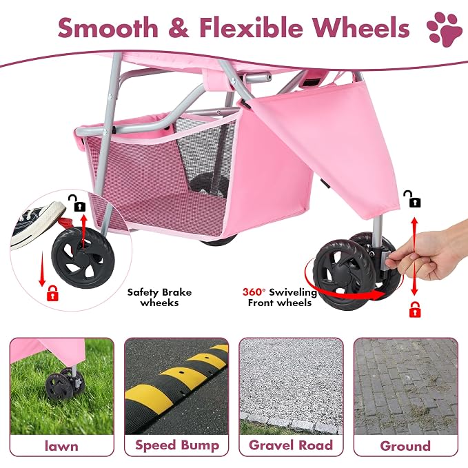 DUMOS 3 Wheels Pet Stroller for Small Dogs and Cats – Foldable Dog Stroller with Mesh Windows, Storage Basket & Cup Holder, Lightweight & Durable Pet Carrier for Travel, Outdoor Use – Pink