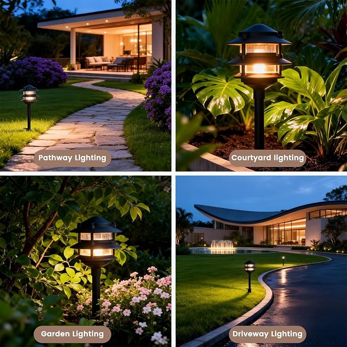 4 Pack Low Voltage Landscape Lighting, Aluminum IP54 Waterproof 3-Tier Integrated LED Pagoda Landscape Lights for Walkway Garden, 2W 12V DC 3000K Warm White, ETL UL CSA Listed