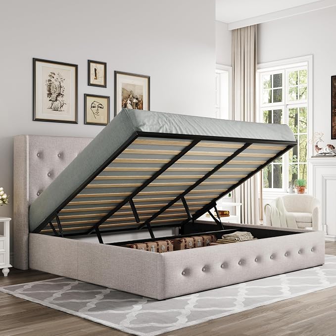 Allewie King Size Lift Up Storage Button-Tufted Bed Frame Light Beige | Modern Wingback Headboard, Hydraulic Support Storage, No Box Spring Needed